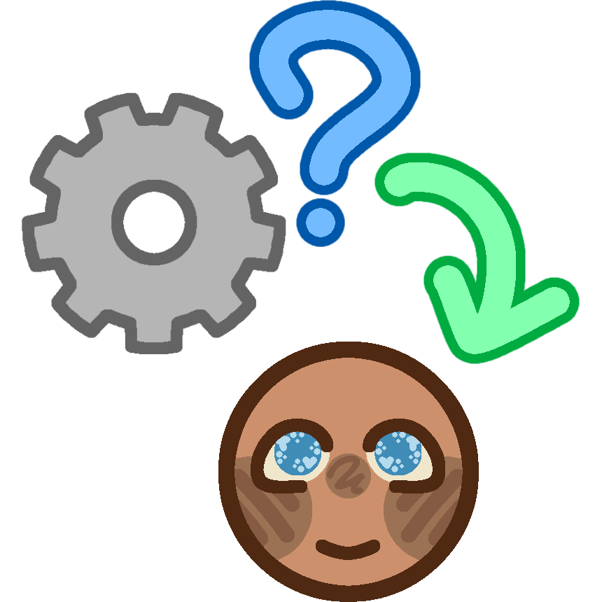 A mechanical gear has a blue question mark besides it, representing How? A green arrow, representing the word are, points from the gear downward to a human face..